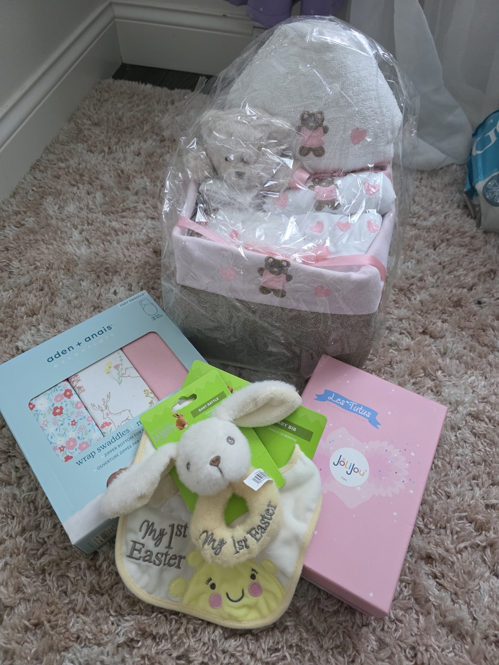 Baby Gift Set with Pink Bear and Floral Swaddles